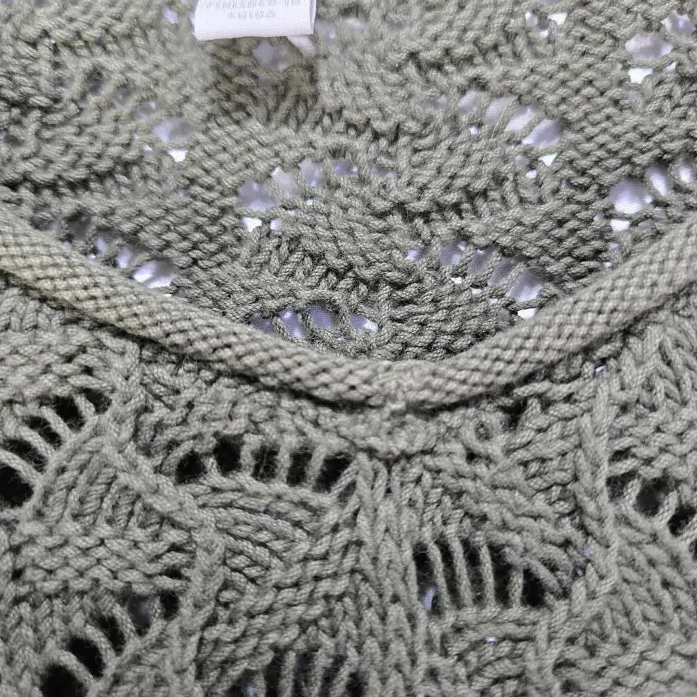 Charter Club Olive Green Cotton Pointelle Knit Sweater L V-Neck Scalloped Boho - Picture 3 of 8